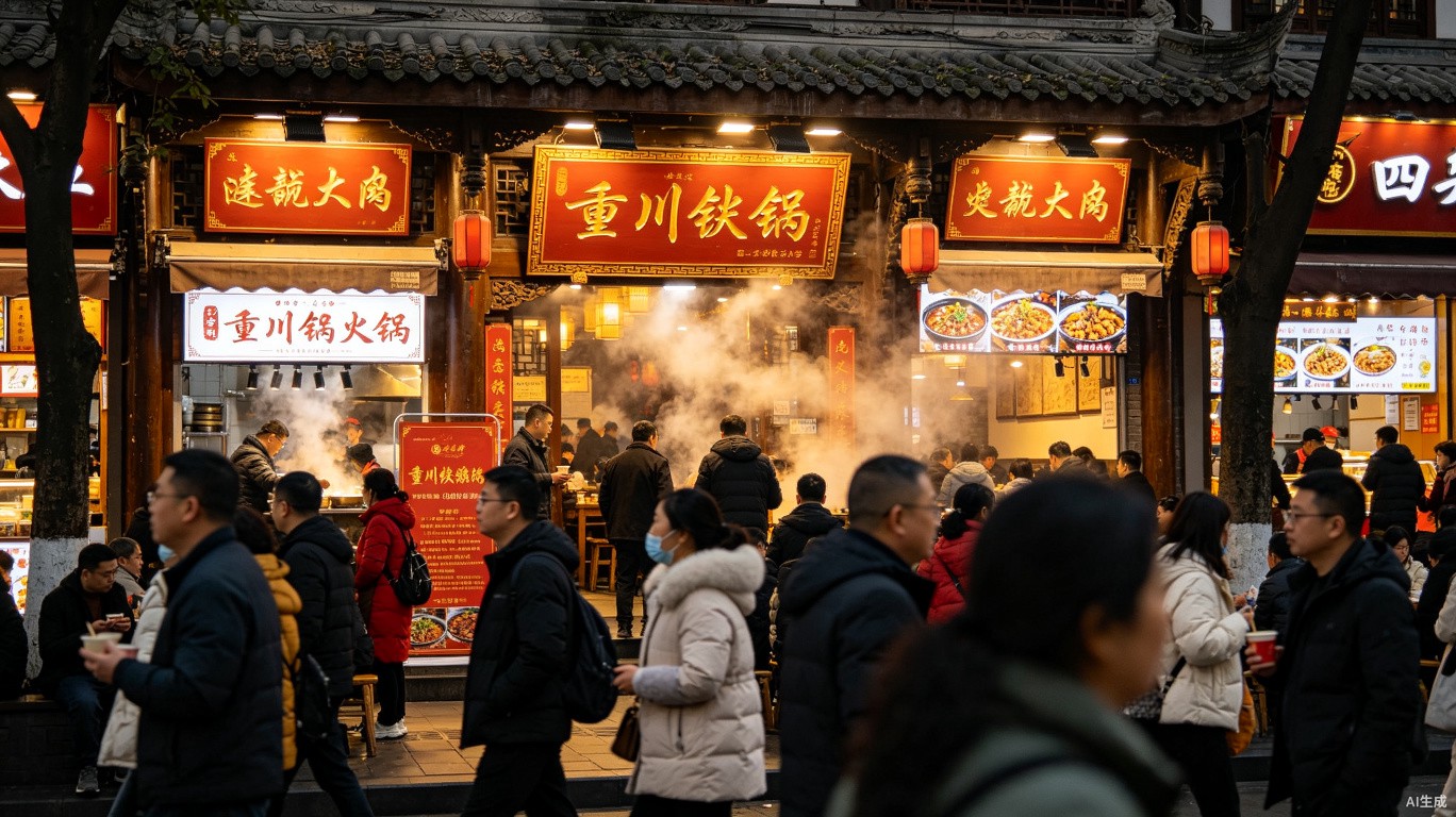 Chengdu street with Sichuan hotpot restaurant sign and steam rising from the entrance