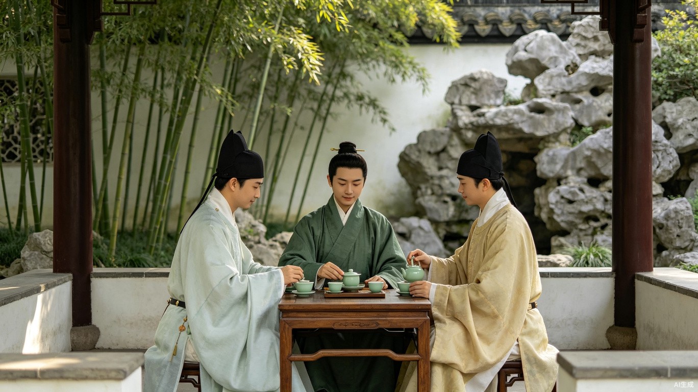 Scholars in Hanfu robes performing a traditional Chinese tea ceremony in a garden pavilion