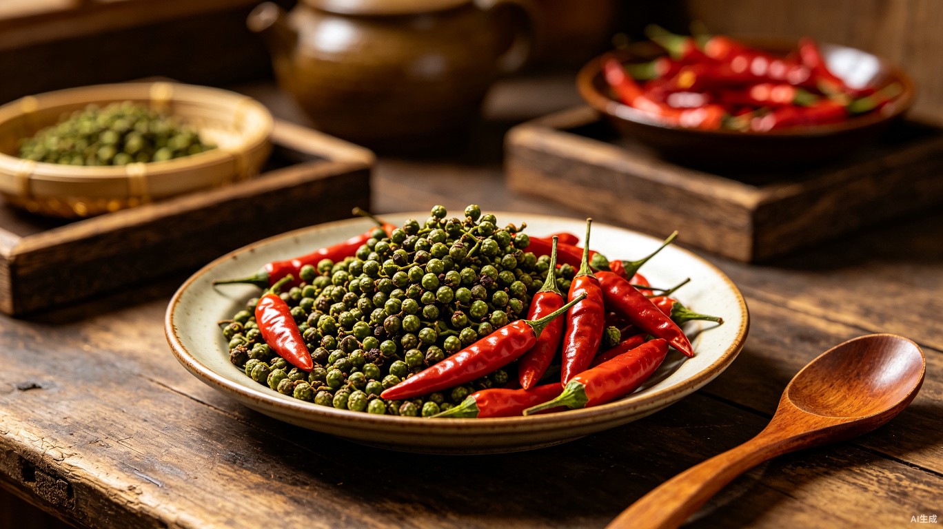 Sichuan peppercorns and chili peppers on a rustic wooden table