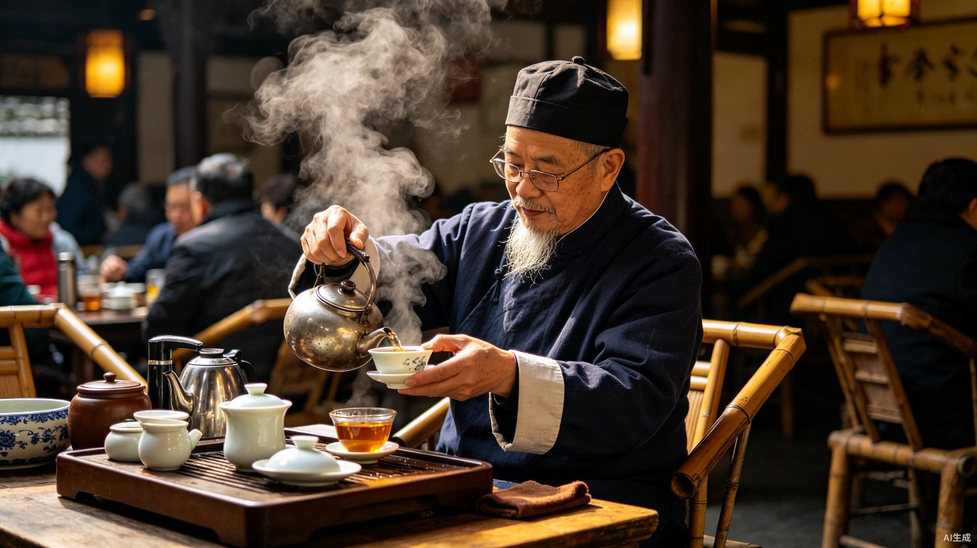 Chinese tea master brewing tea with a gaiwan in a traditional Chengdu tea house