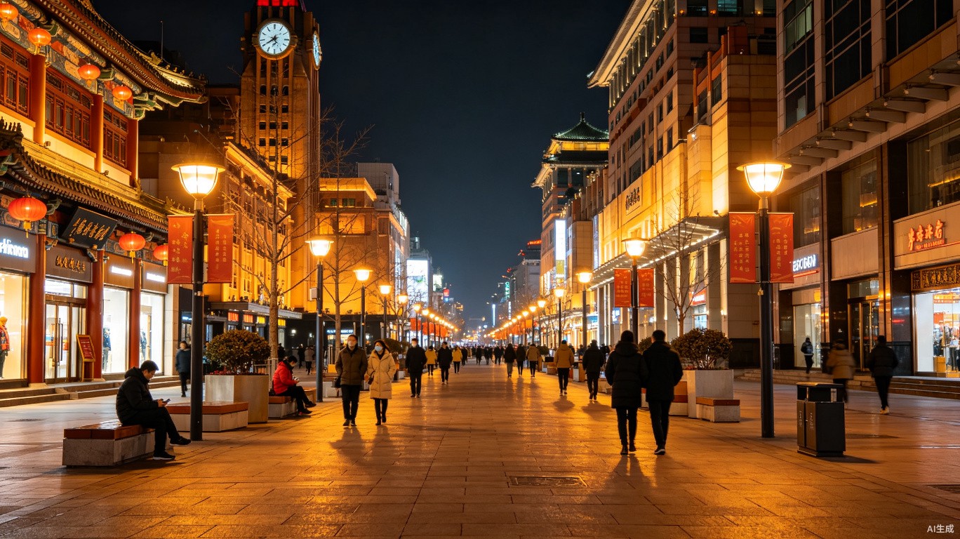 A well-lit pedestrian street in China at night, showing a safe and vibrant city atmosphere