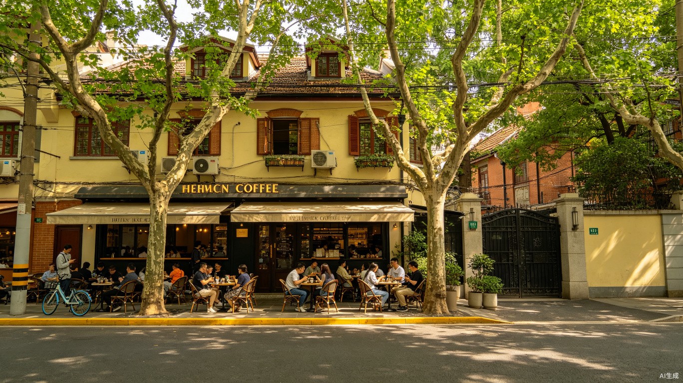 Shanghai French Concession tree-lined street with European buildings and sidewalk cafes