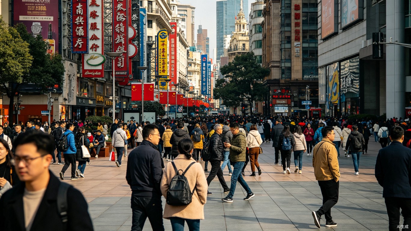Nanjing Road busy intersection with pedestrians crossing and modern billboards