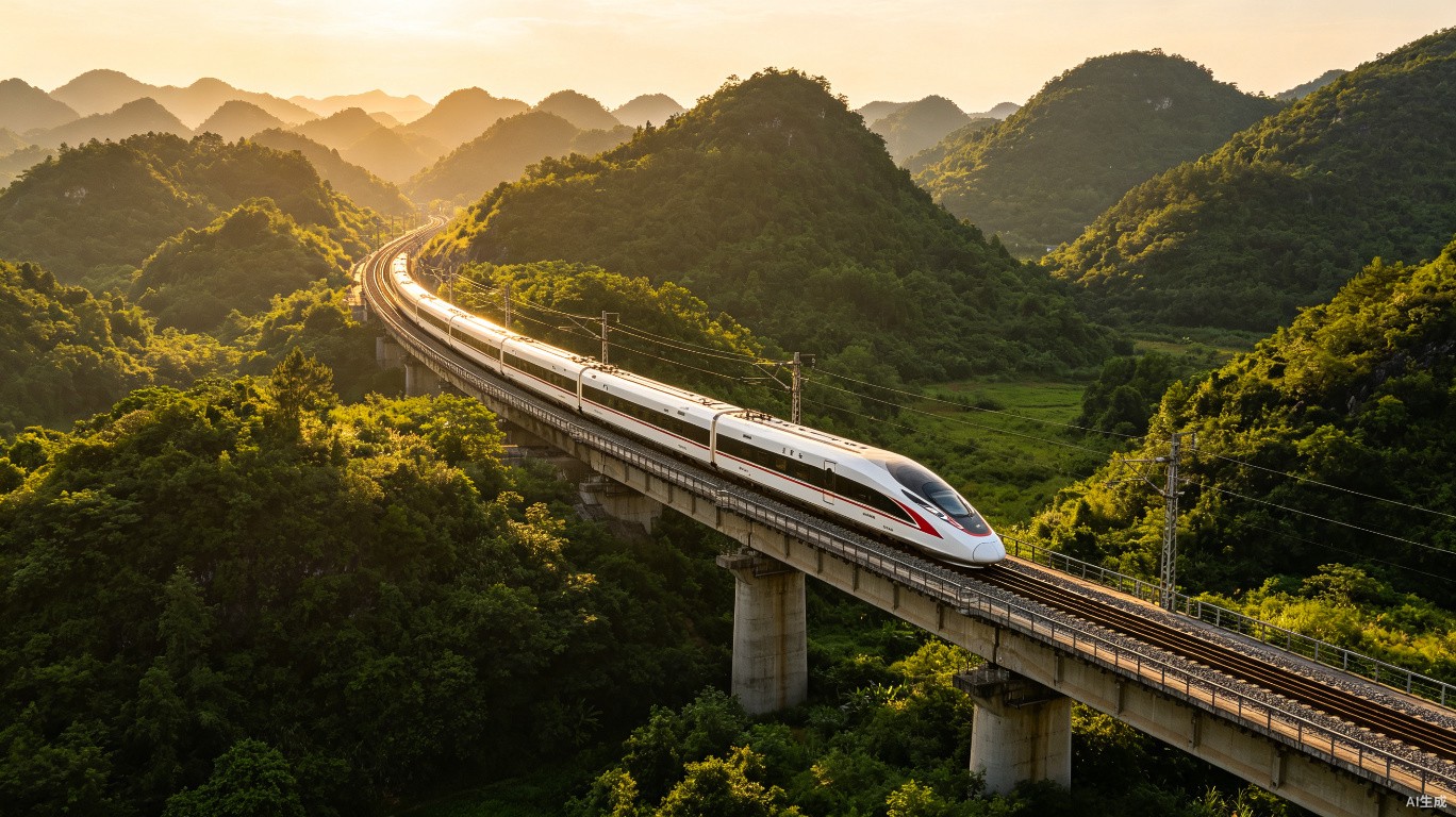 A sleek Fuxing high-speed train gliding through mountains in southern China